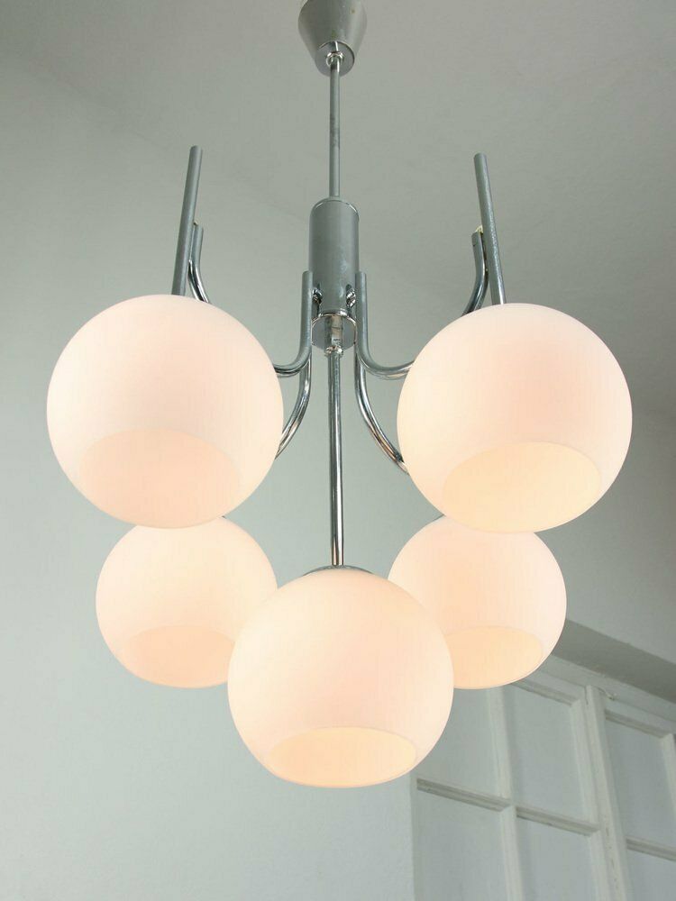 Vintage Italian Chrome And Opaline Chandelier, 1970s photo Lighting
