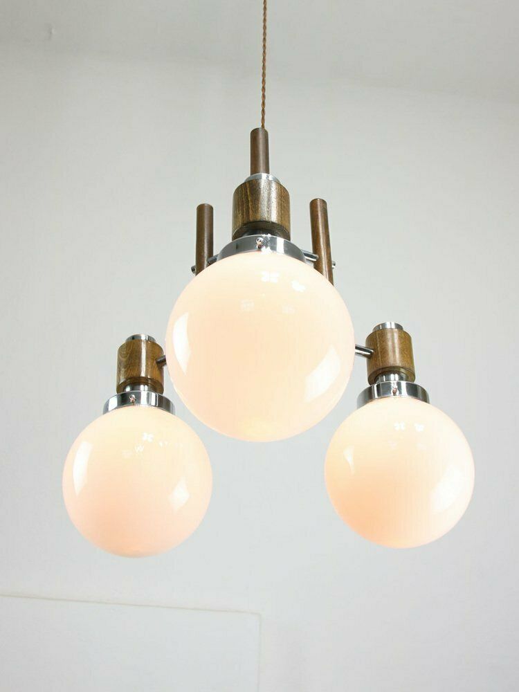Mid Century Scandinavian Chrome & Opaline Chandelier, 1960s photo Lighting