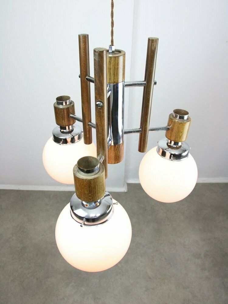 Mid Century Scandinavian Chrome & Opaline Chandelier, 1960s photo vinterior
