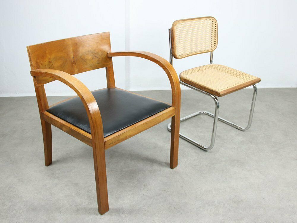 Large Italian Art Deco Lounge Chairs In Wood & Black Leatherette, Set Of 2 photo buy