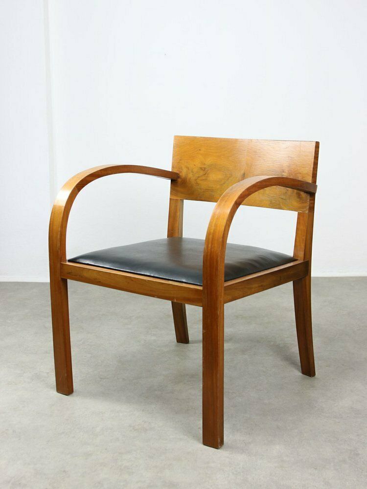 Large Italian Art Deco Lounge Chairs In Wood & Black Leatherette, Set Of 2 photo vintage