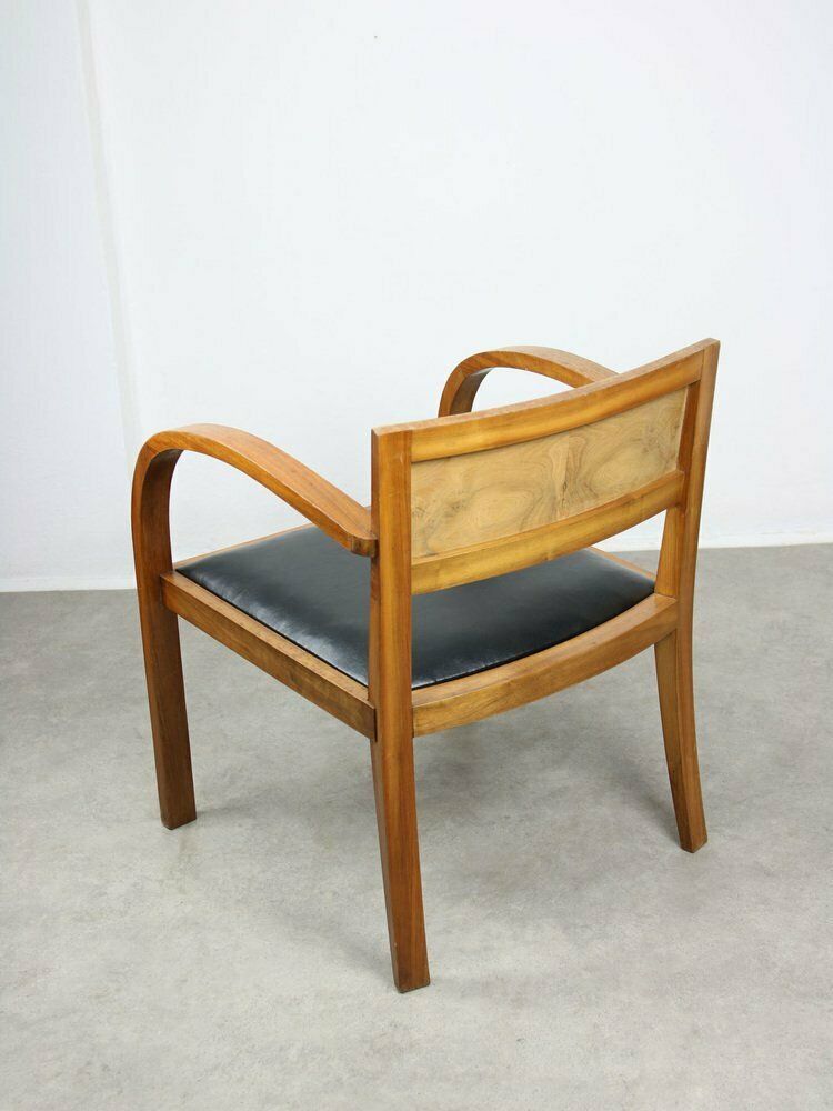 photo furniture Large Italian Art Deco Lounge Chairs In Wood & Black Leatherette, Set Of 2