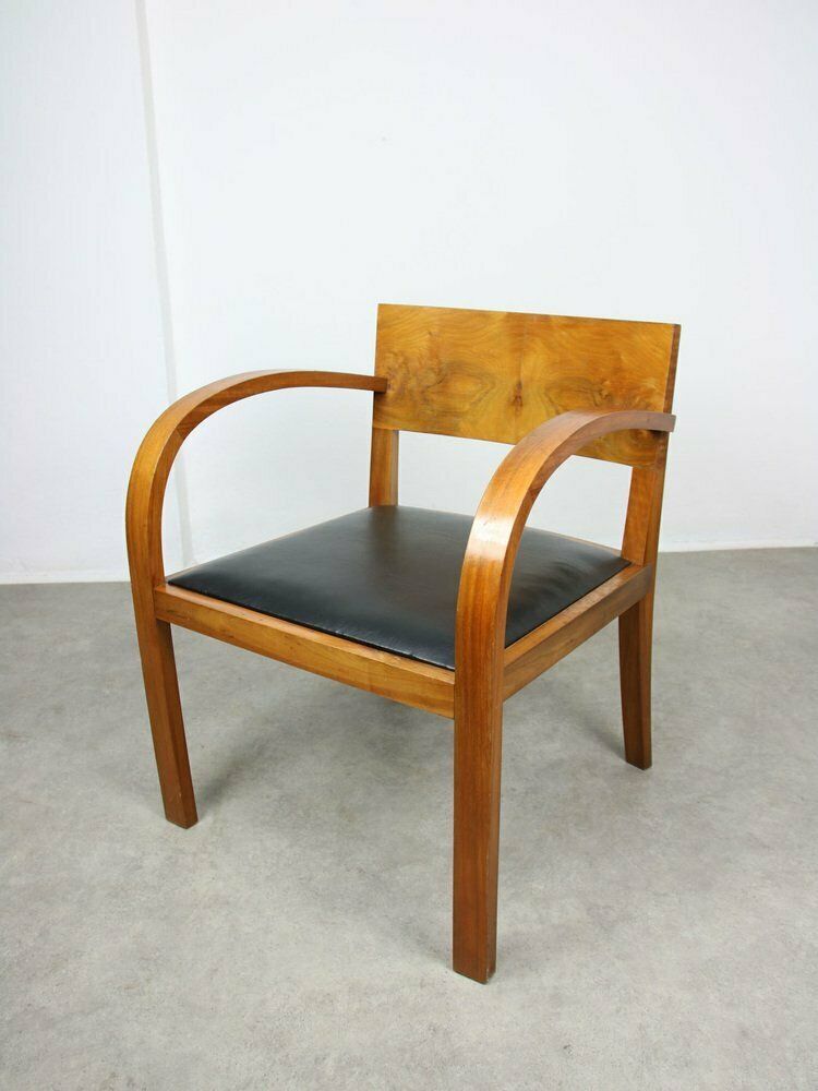 photo vintage Large Italian Art Deco Lounge Chairs In Wood & Black Leatherette, Set Of 2