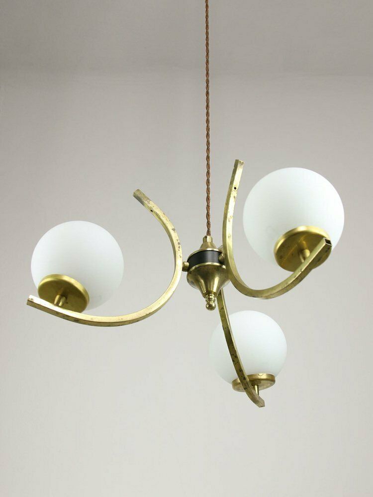 Mid Century Italian Brass And Opaline Chandelier
