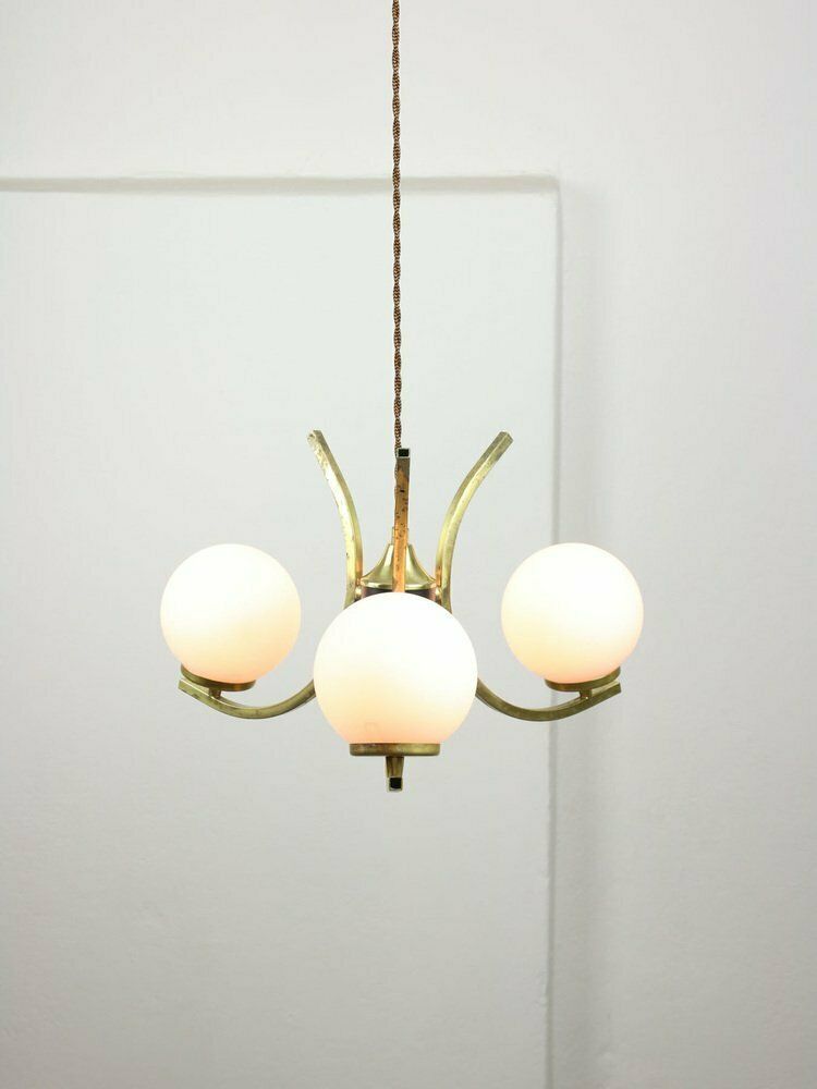 Lighting Mid Century Italian Brass And Opaline Chandelier photo