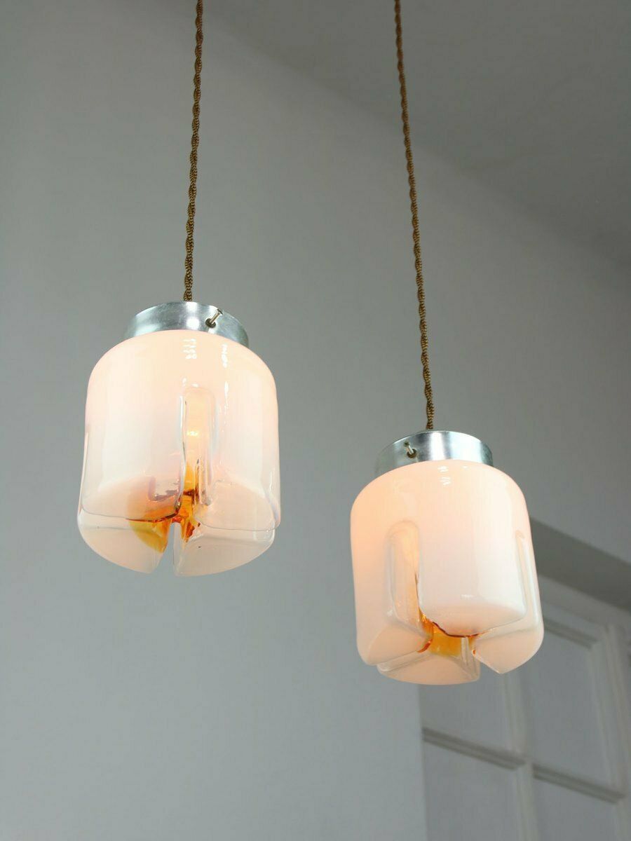 Mid Century Italian Chrome And Glass Pendant Lamps, Set Of 2