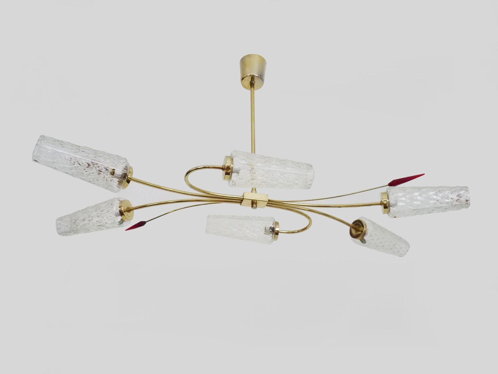 Antique Chandelier With 6 Branches, 2 Red Arrows, Brass And Diamond Glass Tubes, Vintage Lighting. 70s photo 266.0