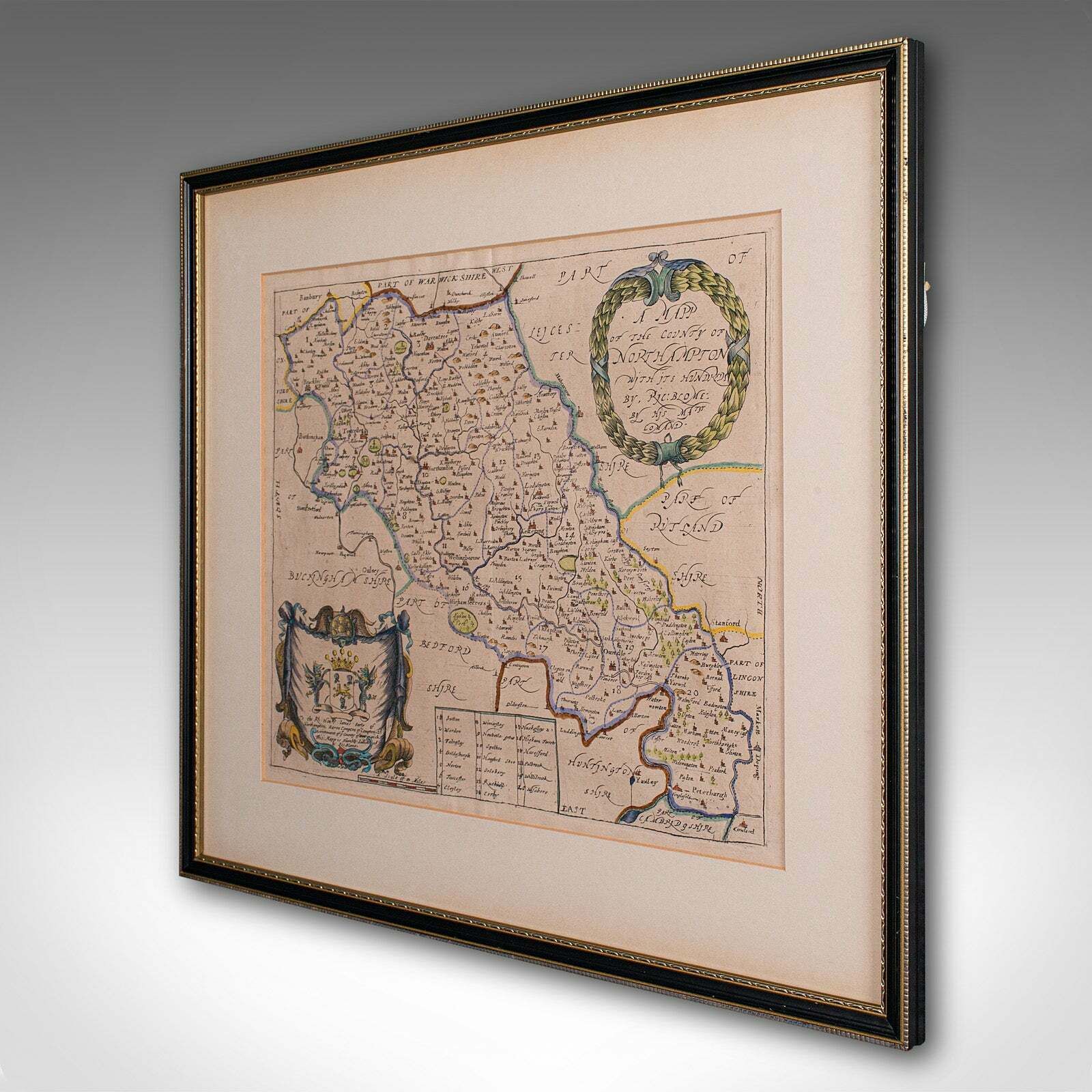 Antique County Map, Northamptonshire, English, Framed Cartography, Richard Blome photo for sale