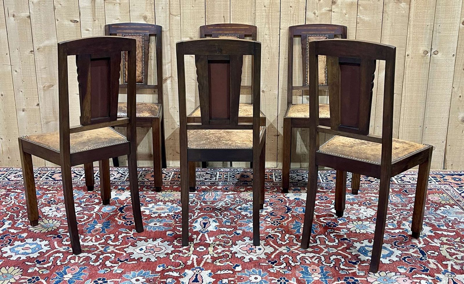 photo buy Series Of 6 Art Deco Chairs In Mahogany And Leather From The 1930s