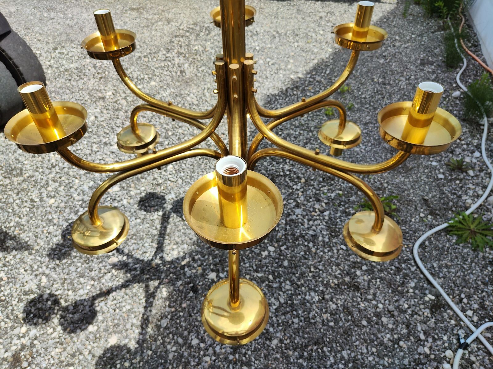 Large Brass Pendant Chandelier / Hanging Light With Big Glass Bulbs / Italian Style Light / Hall / Church / Old Money Light / 1960 / Xxl photo for sale