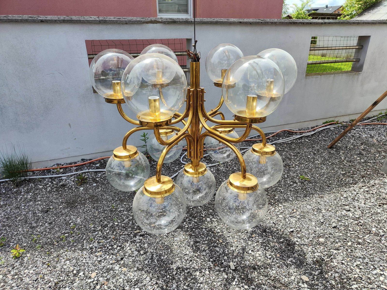 Large Brass Pendant Chandelier / Hanging Light With Big Glass Bulbs / Italian Style Light / Hall / Church / Old Money Light / 1960 / Xxl photo buy