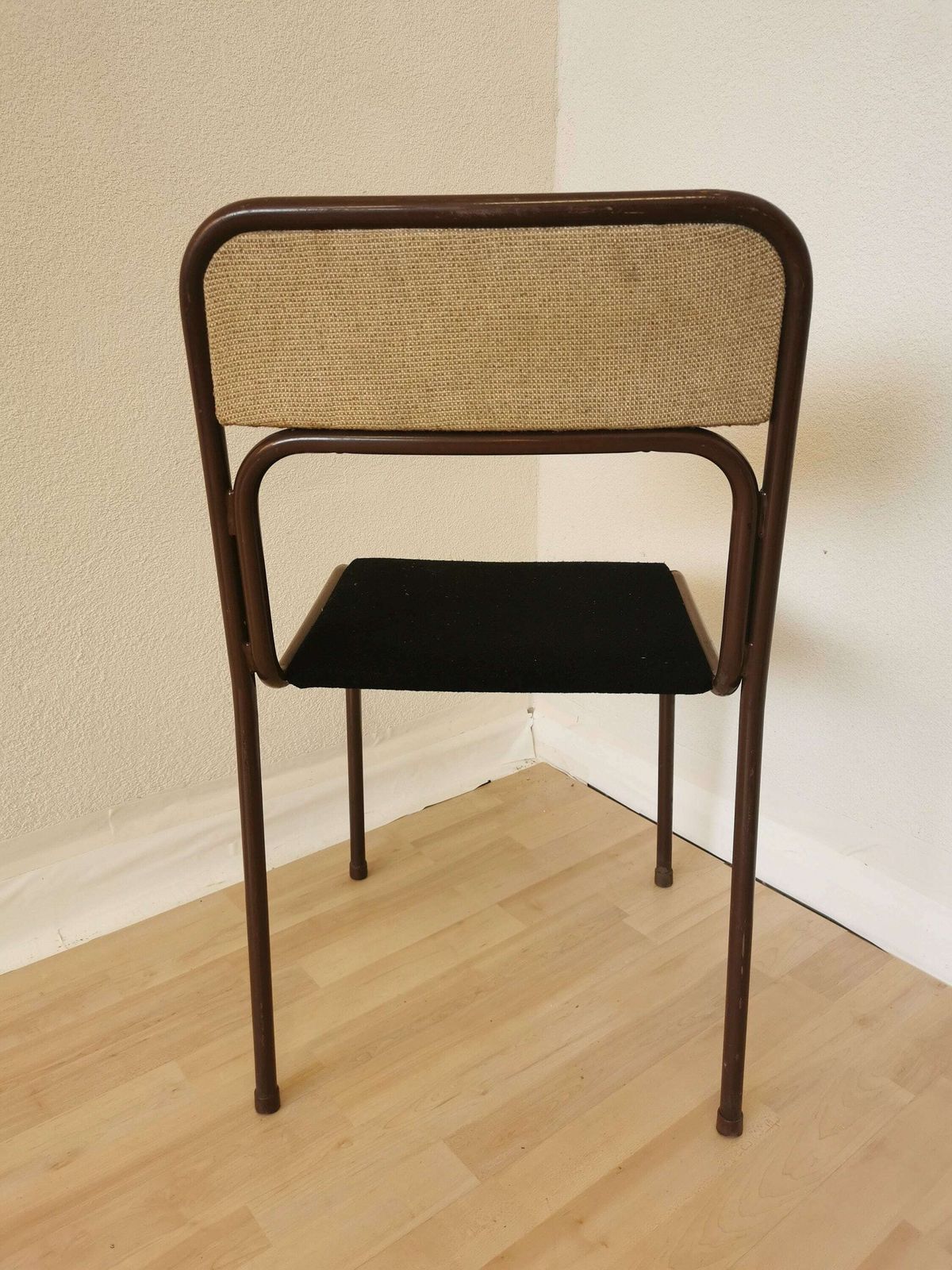 Vintage Brown Metal Dine Chair With Retro Brown And Black Fabric /1970s, Yugoslavia / Baša / Space Age Dining / Stackable Chrome Tubular photo for sale