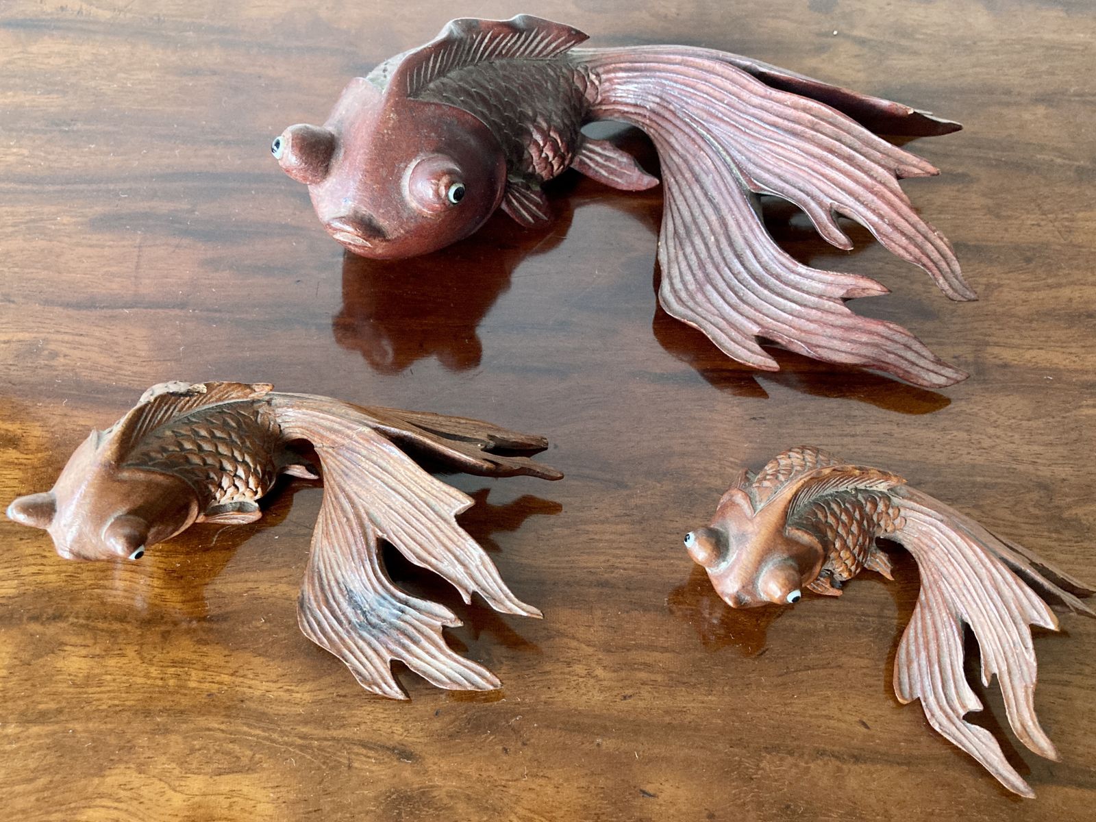 Three Oriental Carved Wooden Figures Of Shubunkin, Circa 19th Century