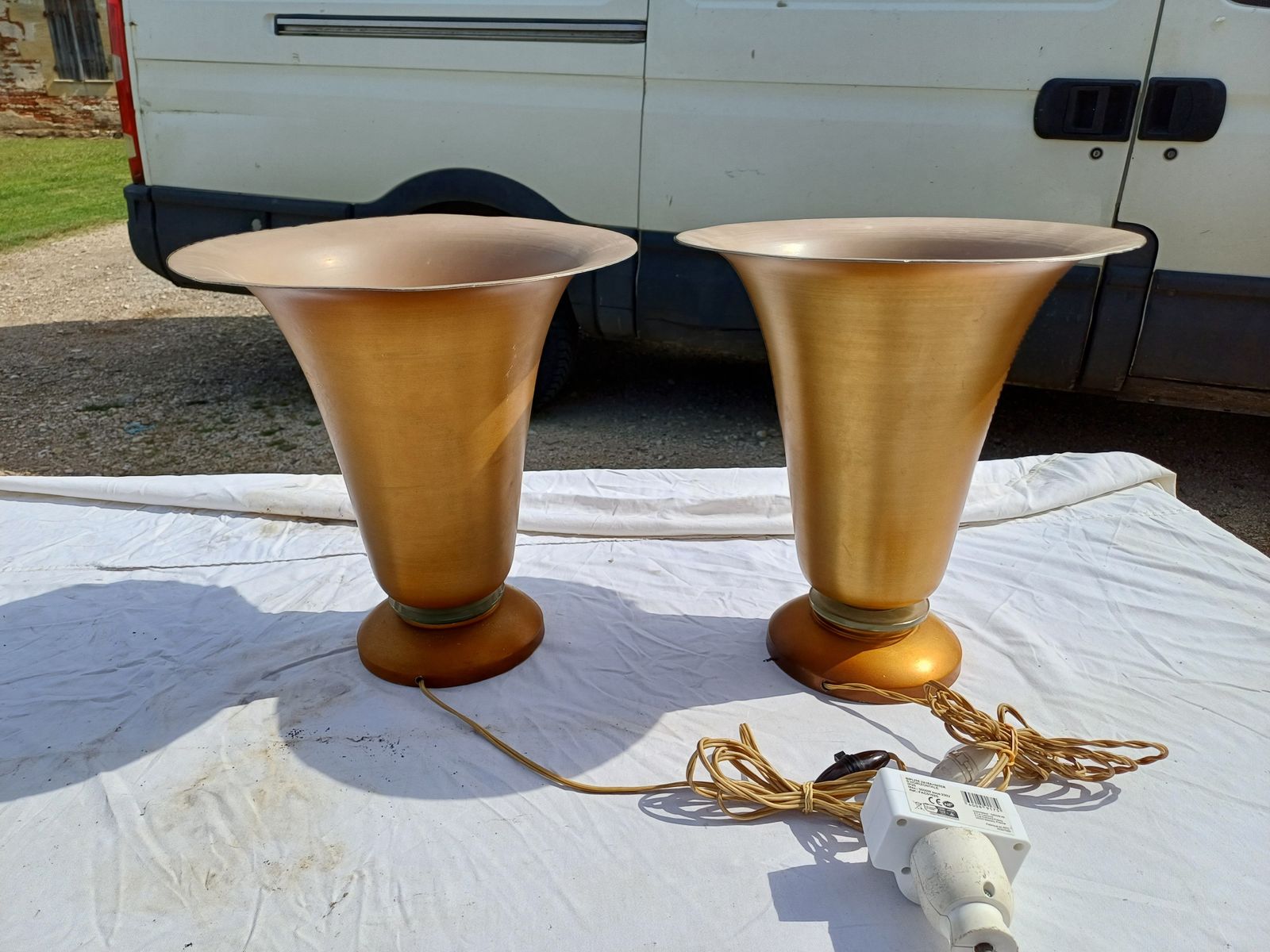 Pair Of Golden Aluminum Lamps From The 1960s photo vinterior