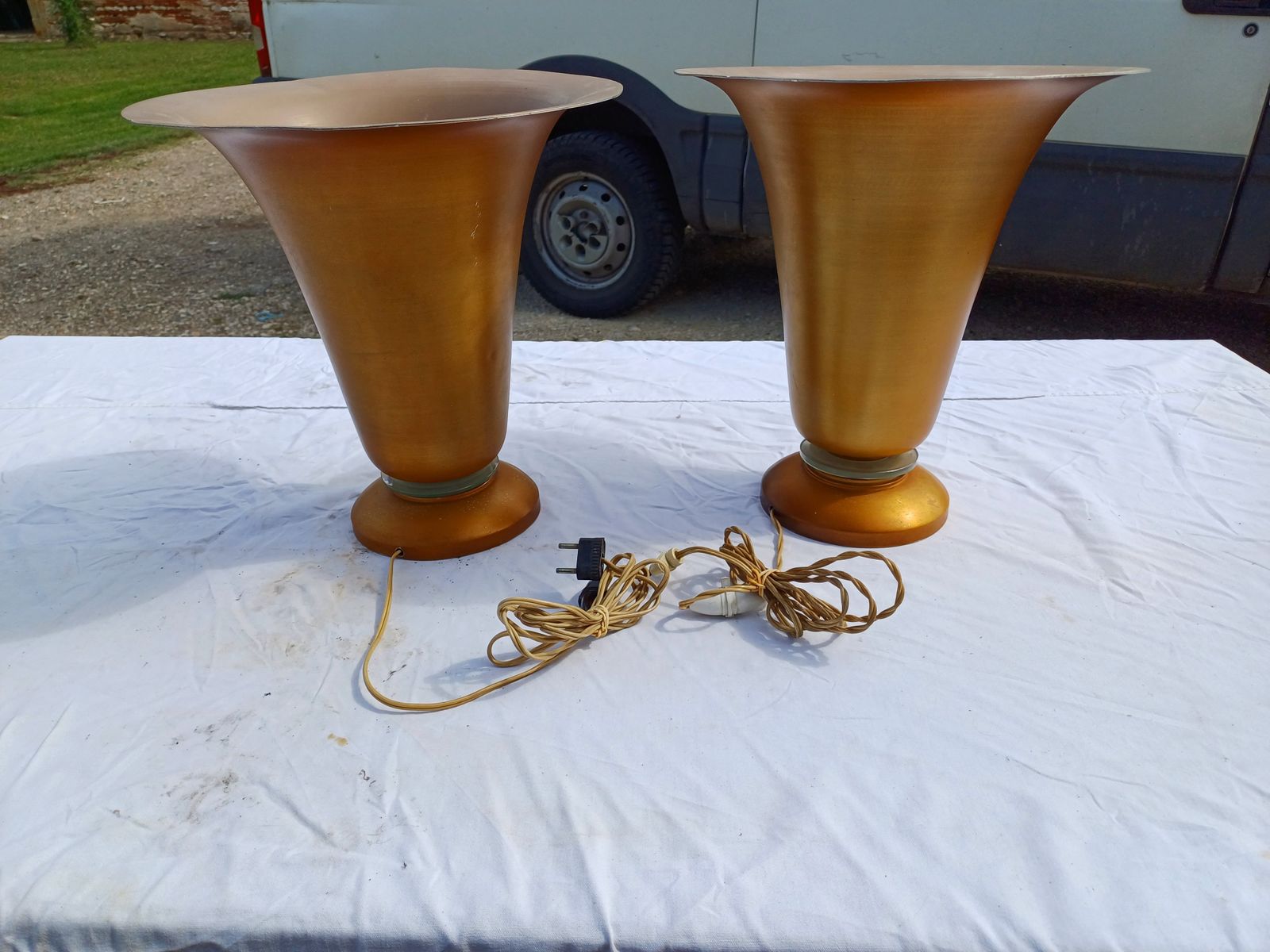 Pair Of Golden Aluminum Lamps From The 1960s photo buy