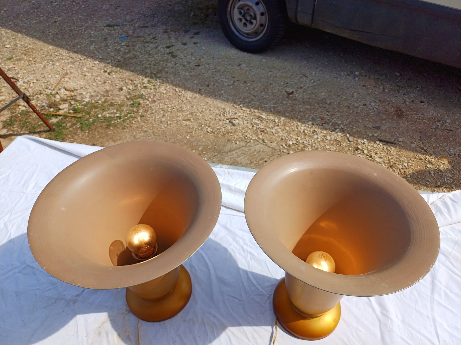photo for sale Pair Of Golden Aluminum Lamps From The 1960s