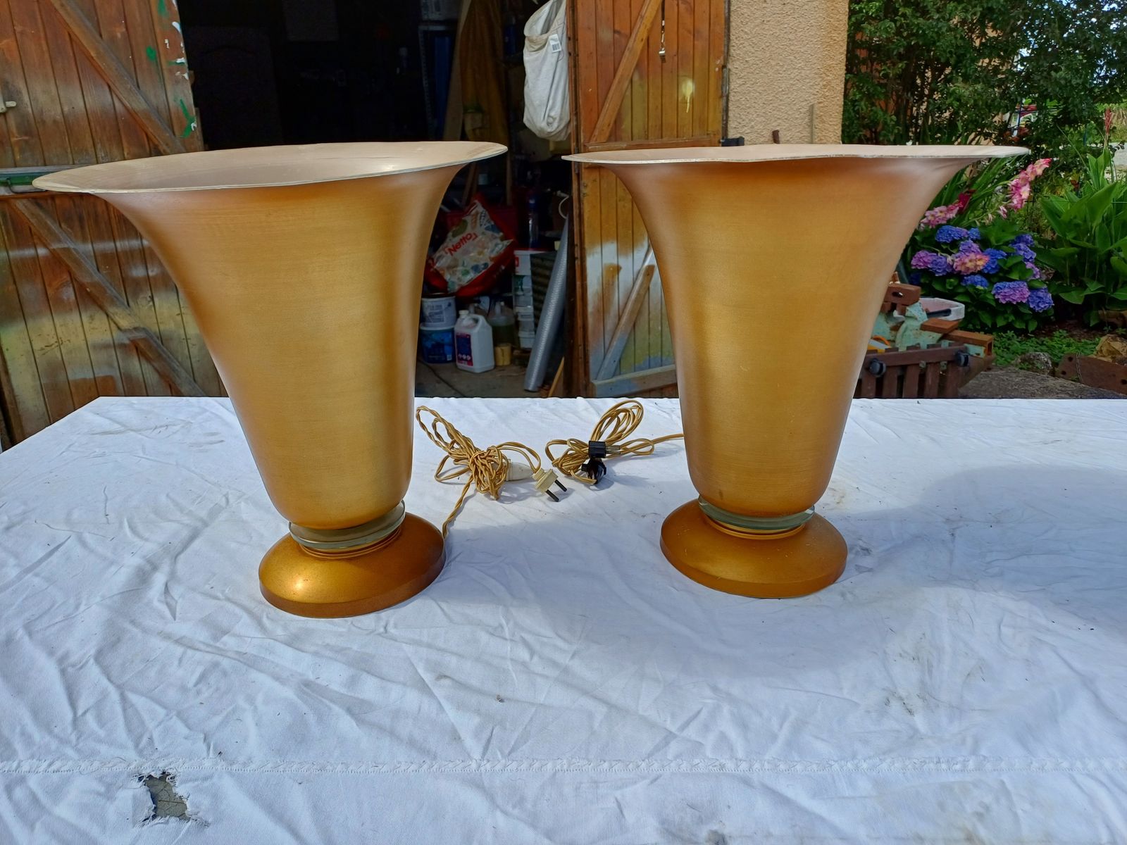 Pair Of Golden Aluminum Lamps From The 1960s