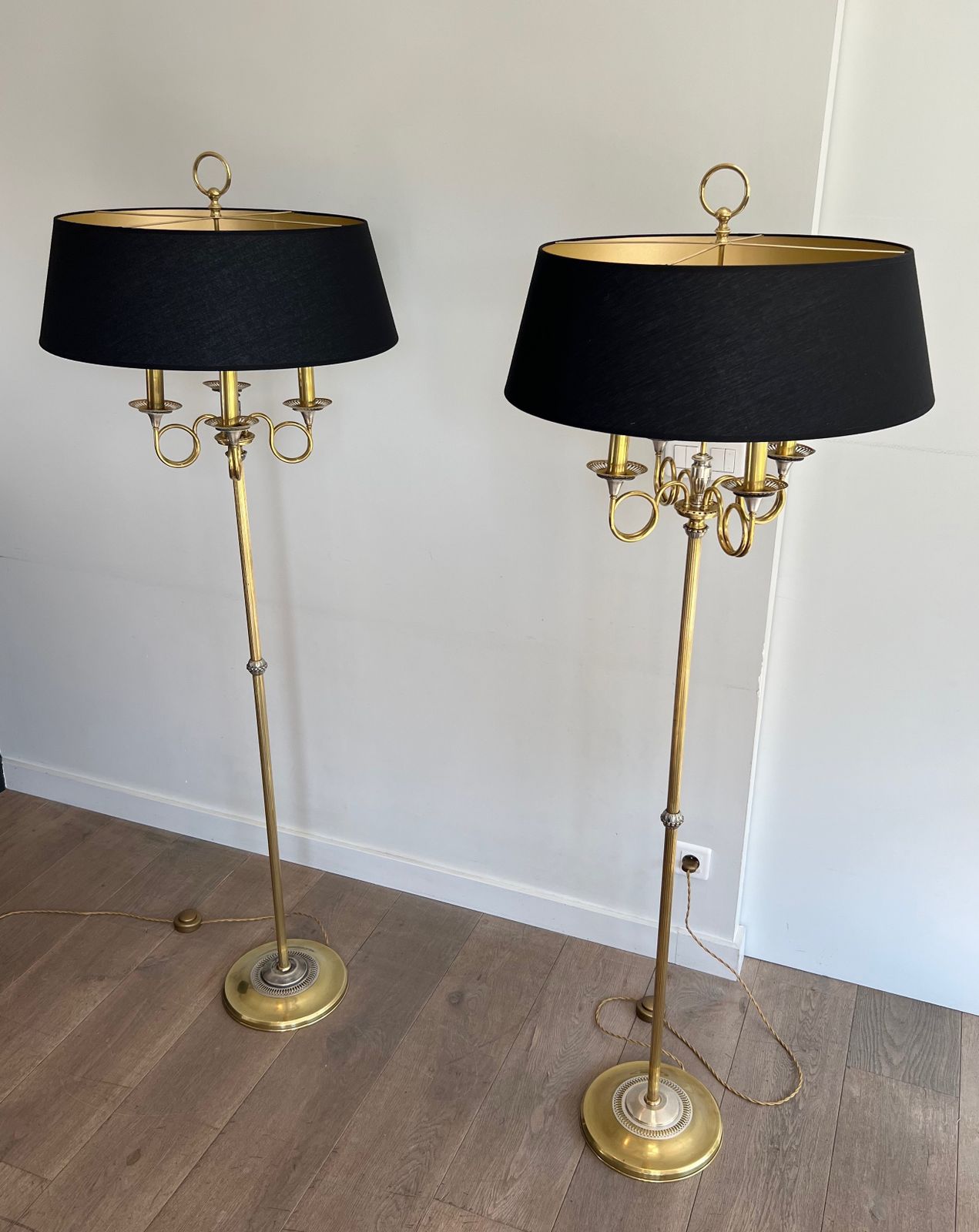Pair Of Parquet Floor Lamps In Brushed Steel And Brass. In The Style Of Maison Charles photo furniture