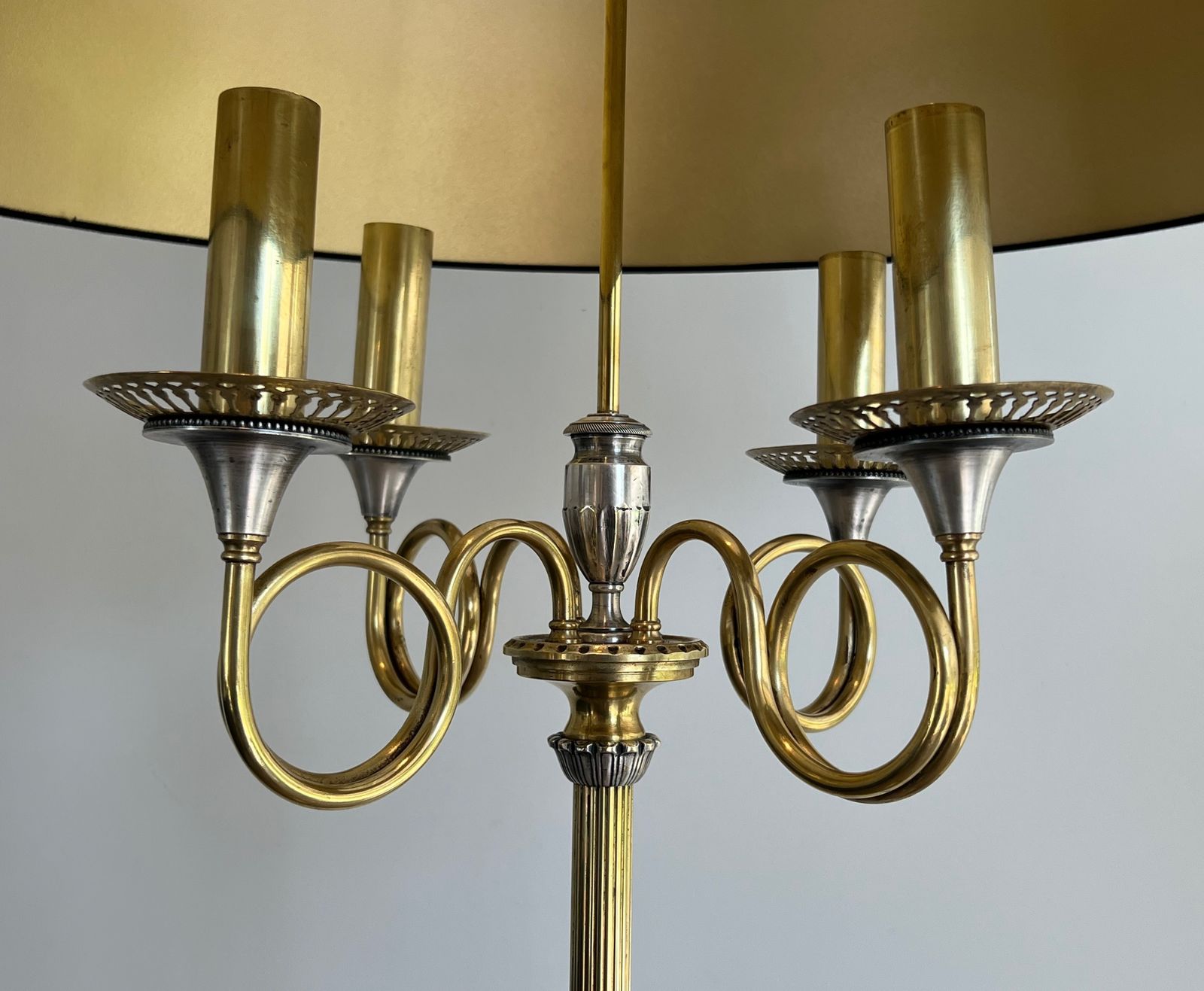 photo vinterior Pair Of Parquet Floor Lamps In Brushed Steel And Brass. In The Style Of Maison Charles