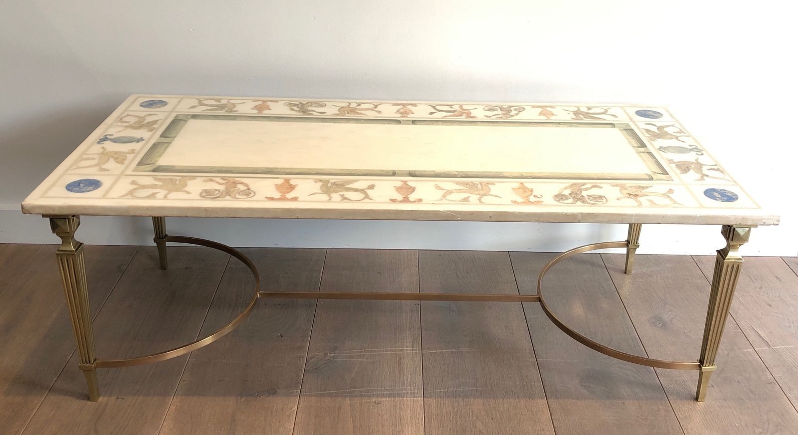 Neoclassical Style Coffee Table In Bronze And Brass With Marble Top Decorated With Greek Motifs