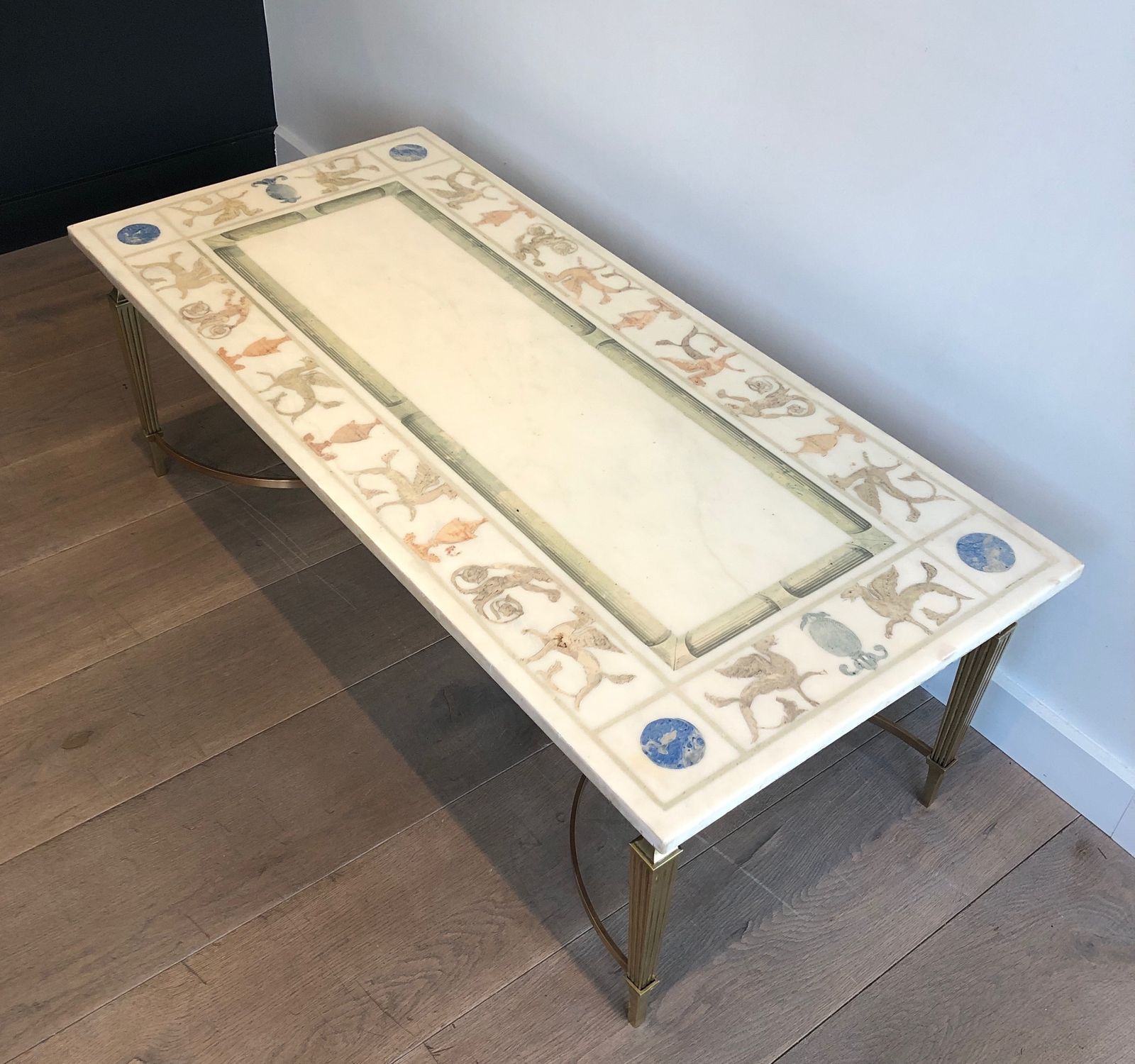 Neoclassical Style Coffee Table In Bronze And Brass With Marble Top Decorated With Greek Motifs photo Furniture