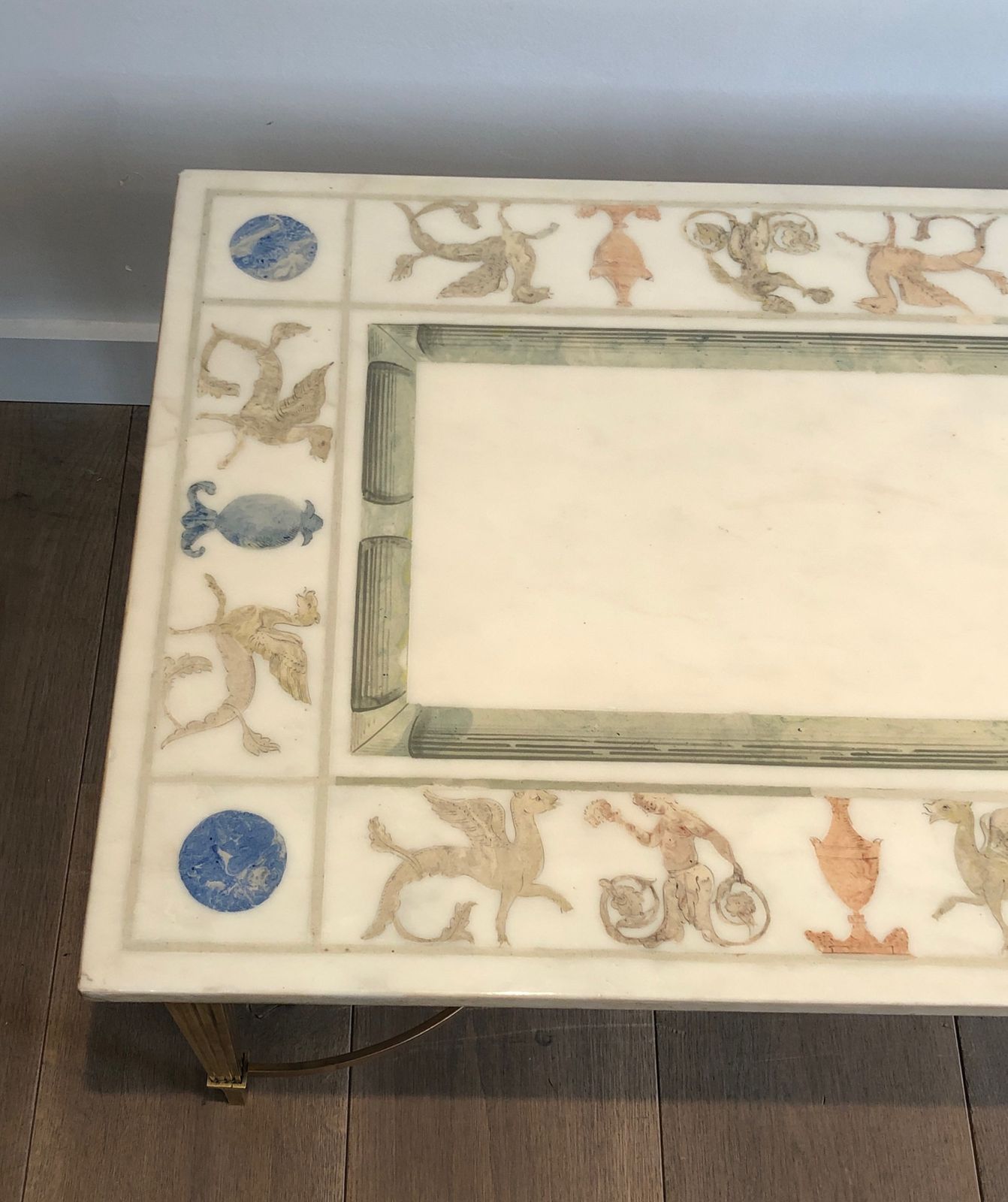 Neoclassical Style Coffee Table In Bronze And Brass With Marble Top Decorated With Greek Motifs photo buy