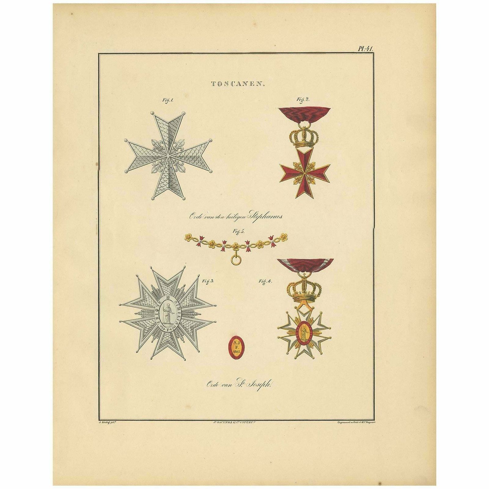 Antique Print Of Various Medals Of Tuscany In Italy, 1843