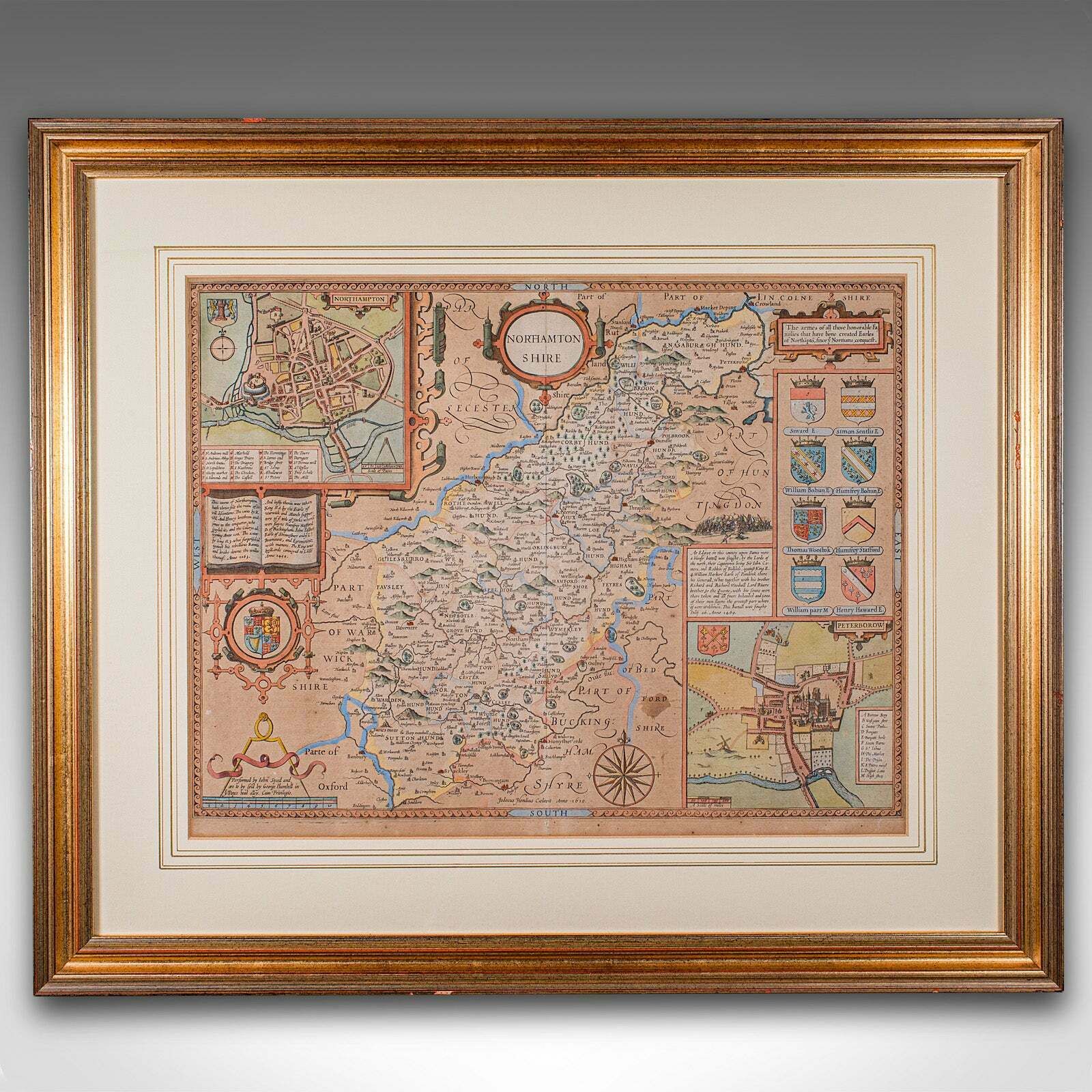 Large Antique Lithography Map, Northamptonshire, Framed Cartography, John Speed photo furniture