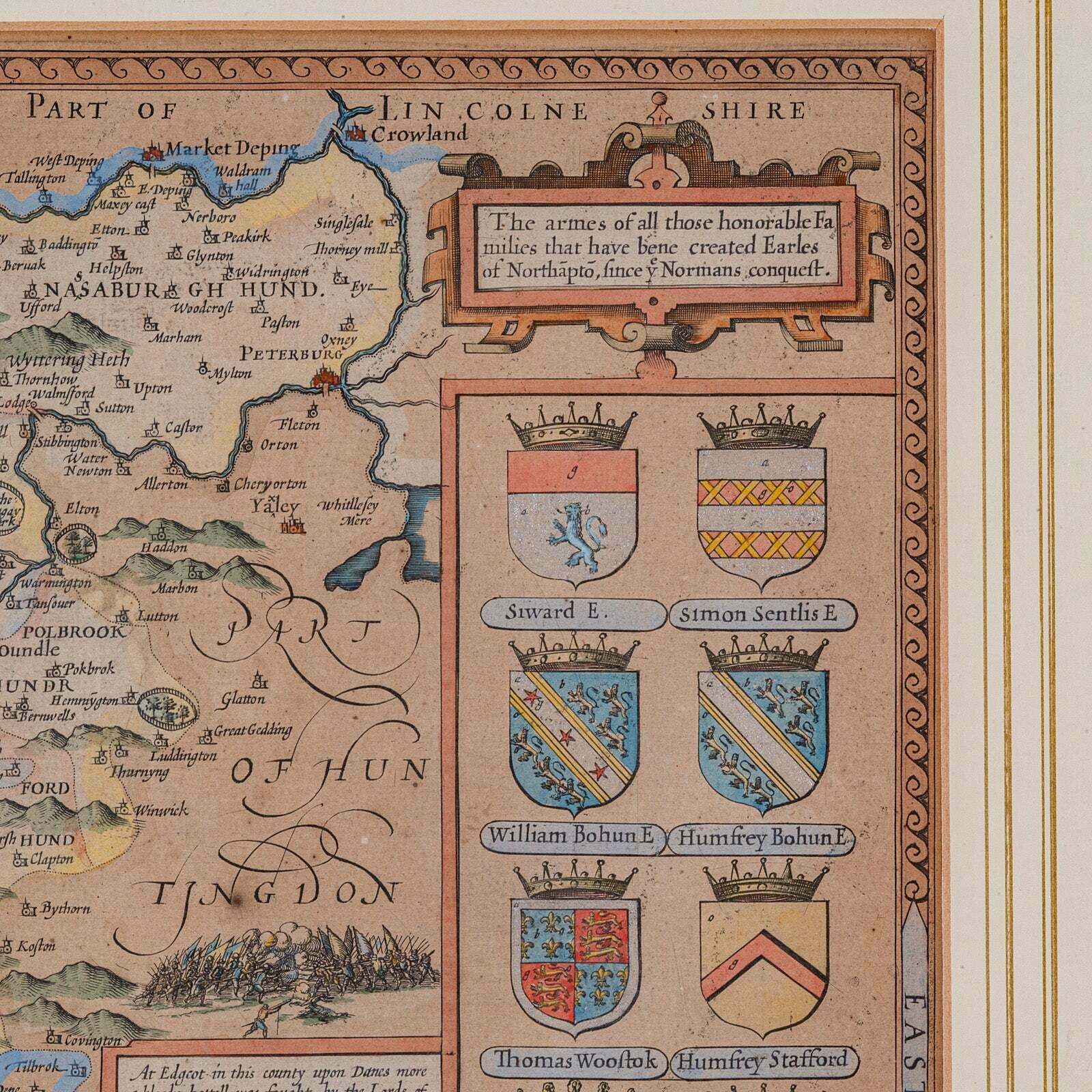 Large Antique Lithography Map, Northamptonshire, Framed Cartography, John Speed photo vinterior
