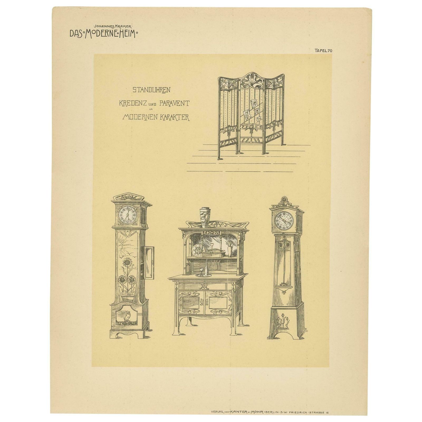 Antique Design Print Of Clocks And Furniture, Circa 1910
