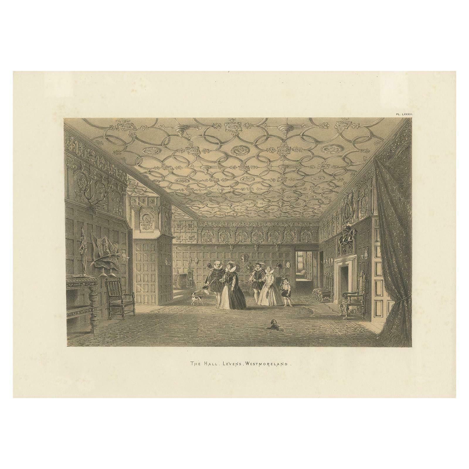 Antique Print Of The Hall Of Levens Hall By Nash, Circa 1870