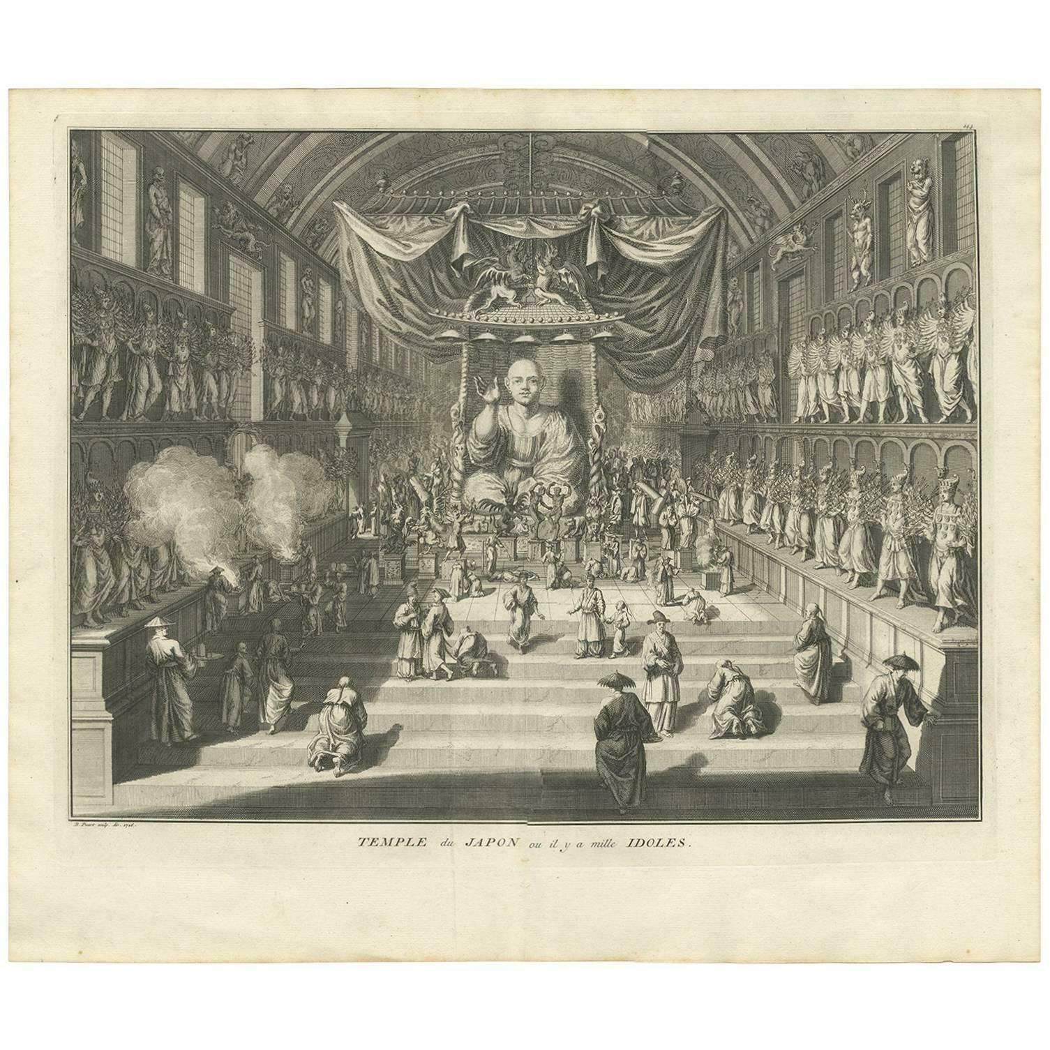 Antique Print Of A Temple In Japan With Religious Idols By B. Picart, 1726