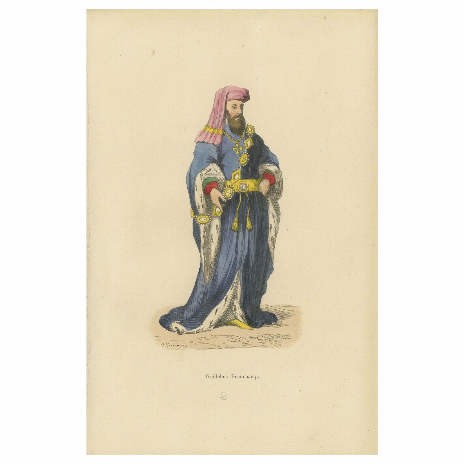 William De Beauchamp In Noble Attire In An Original Handcolored Lithograph, 1847