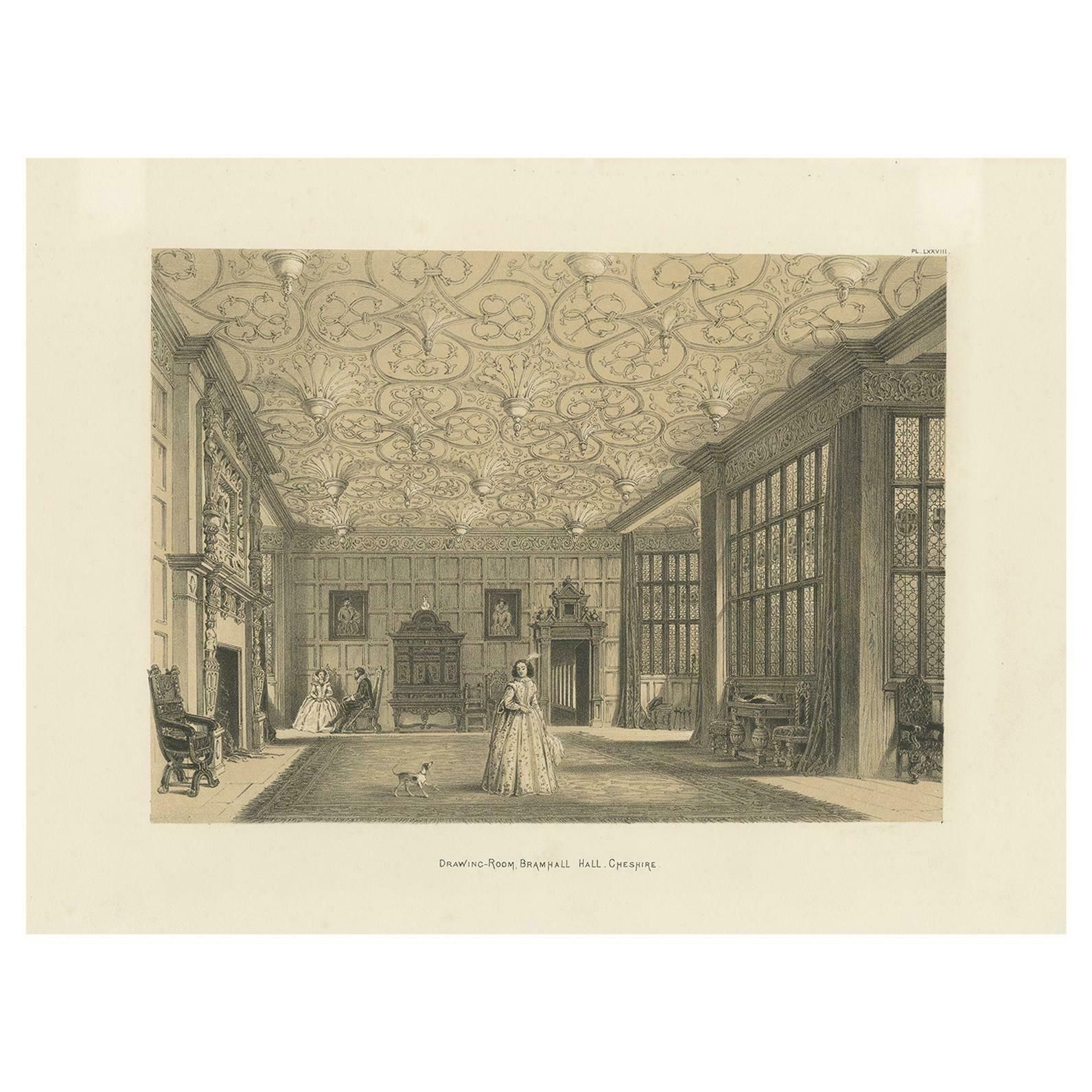 Antique Print Of The Drawing Room Of Bramhall Hall By Nash, Circa 1870