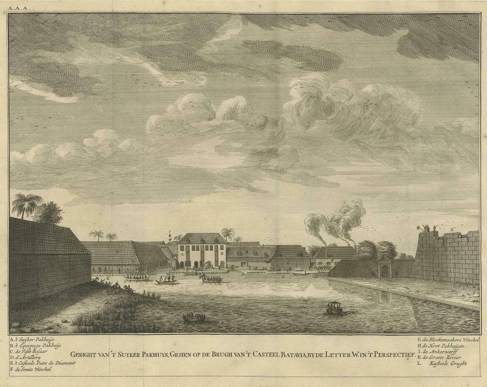 Antique Print Of The Sugar Warehouse Of Batavia By Valentijn, '1726' photo for sale