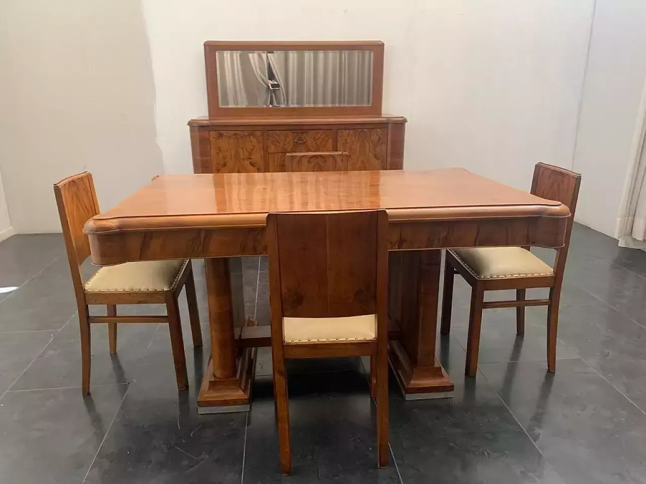 4 Chairs And Table In Walnut And Walnut Feather, 1940s photo furniture