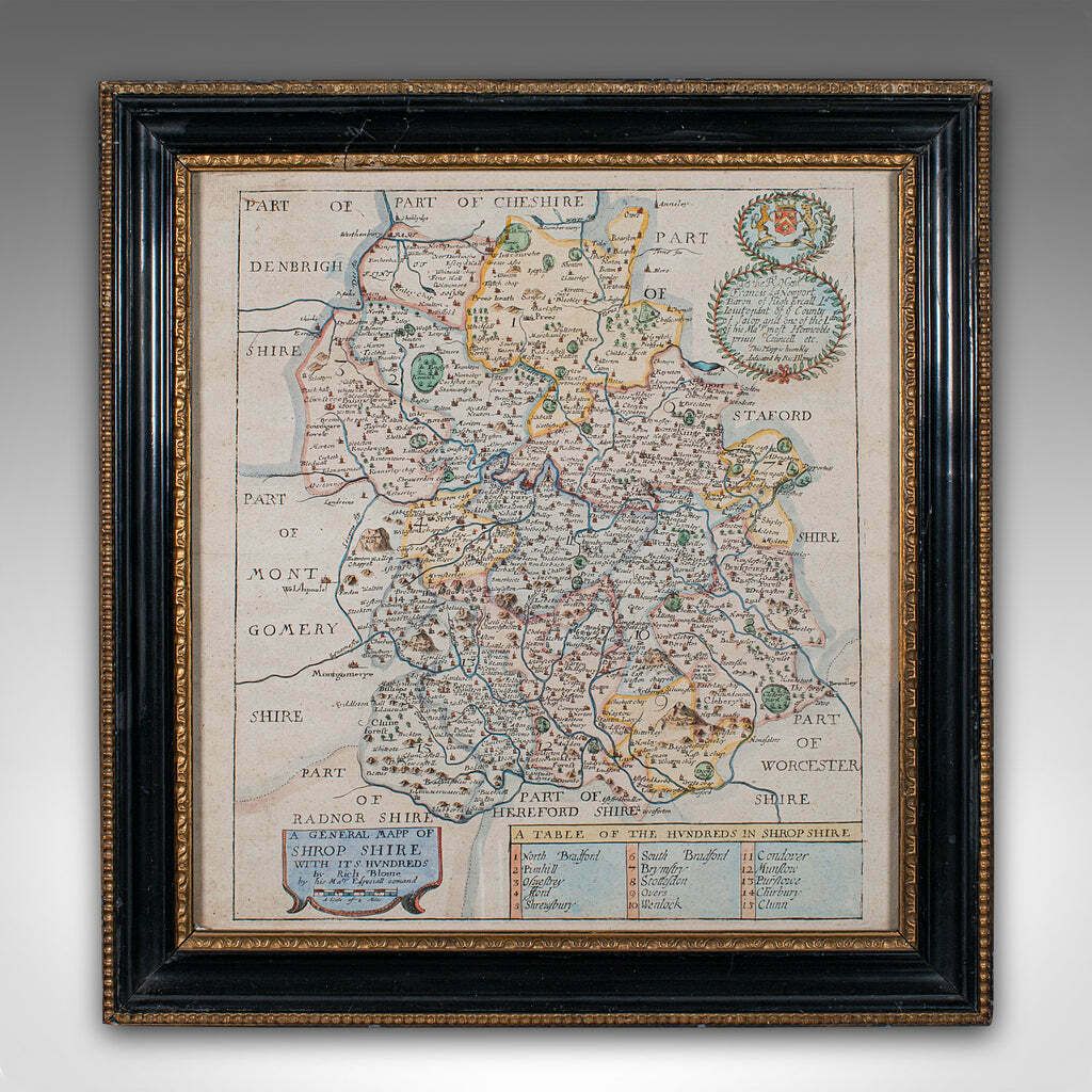 Antique County Map, Shropshire, English, Atlas Engraving, Richard Blome, C.1673 photo furniture