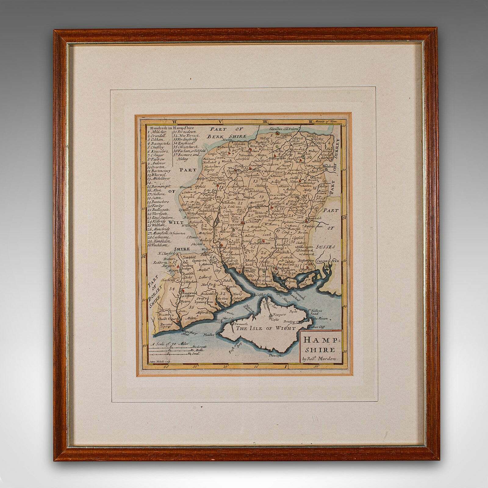 Antique County Map, Hampshire, English, Framed Cartography, Robert Morden, 1700 photo furniture