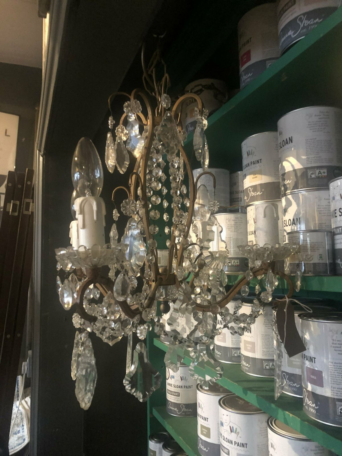 Chandelier In Brass Glass Drops Intact 4 Arm Ornate Original