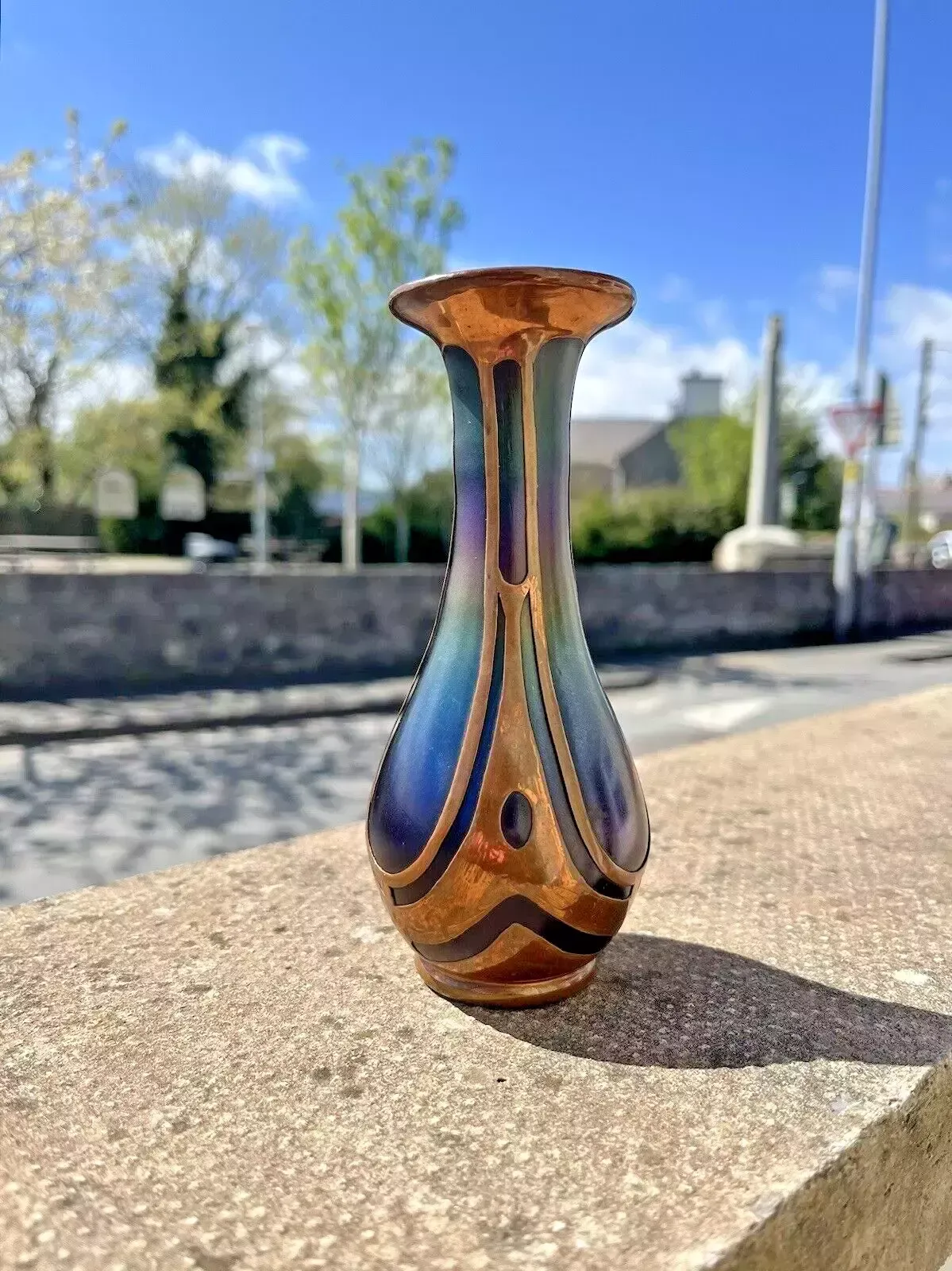 Nouveau Secessionist Bohemian Iridescent Glass Copper Clad Vase By Carl Goldberg