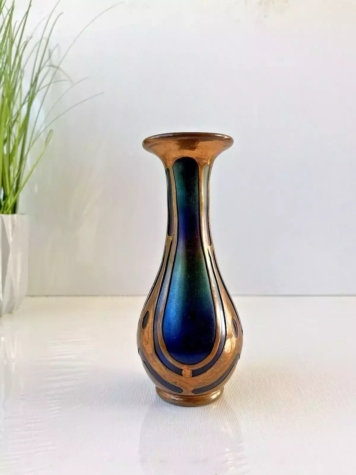 Nouveau Secessionist Bohemian Iridescent Glass Copper Clad Vase By Carl Goldberg photo buy