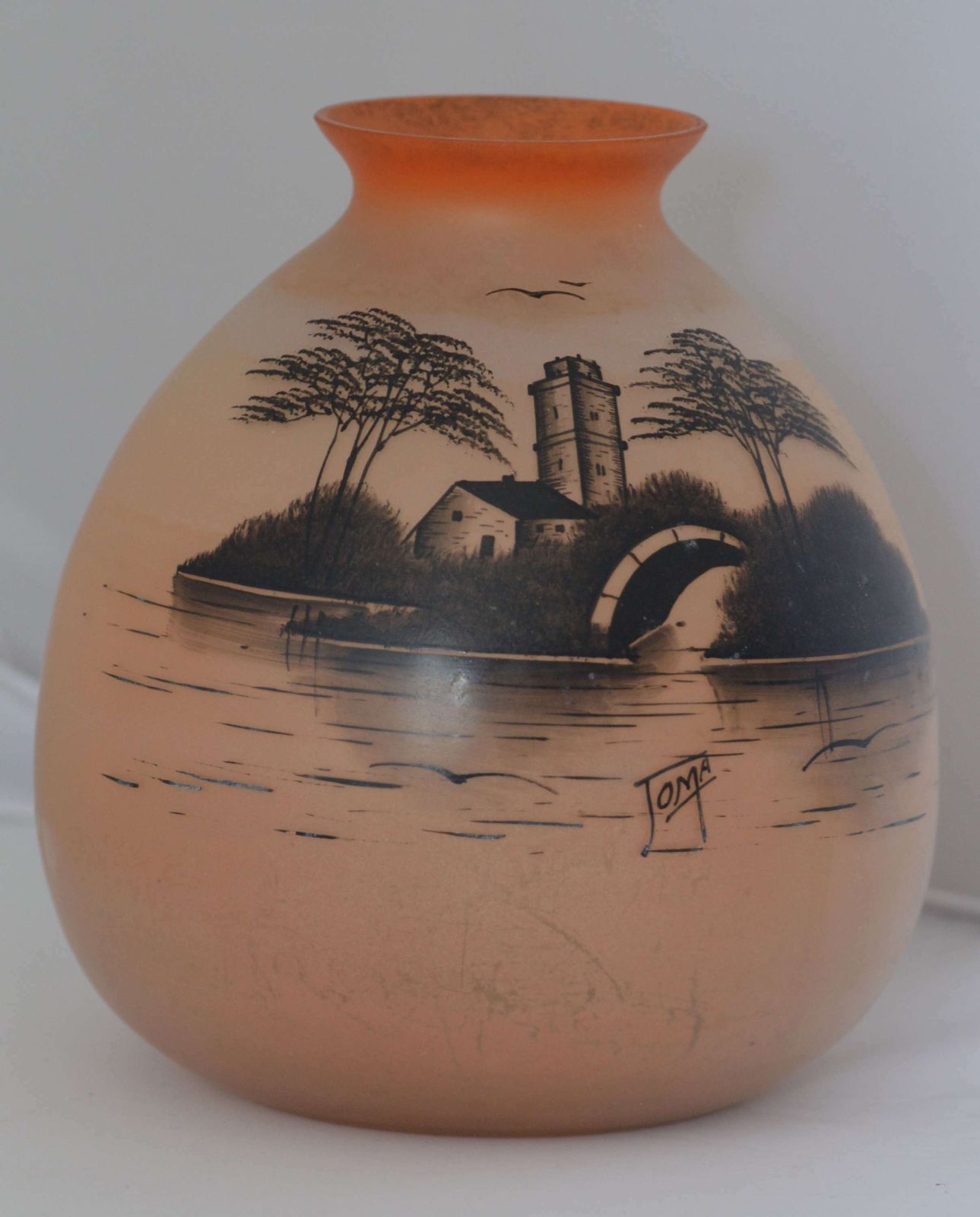 Art Deco Handprinted On Opaque Glass Vase Signed Joma From Around 1930 photo for sale