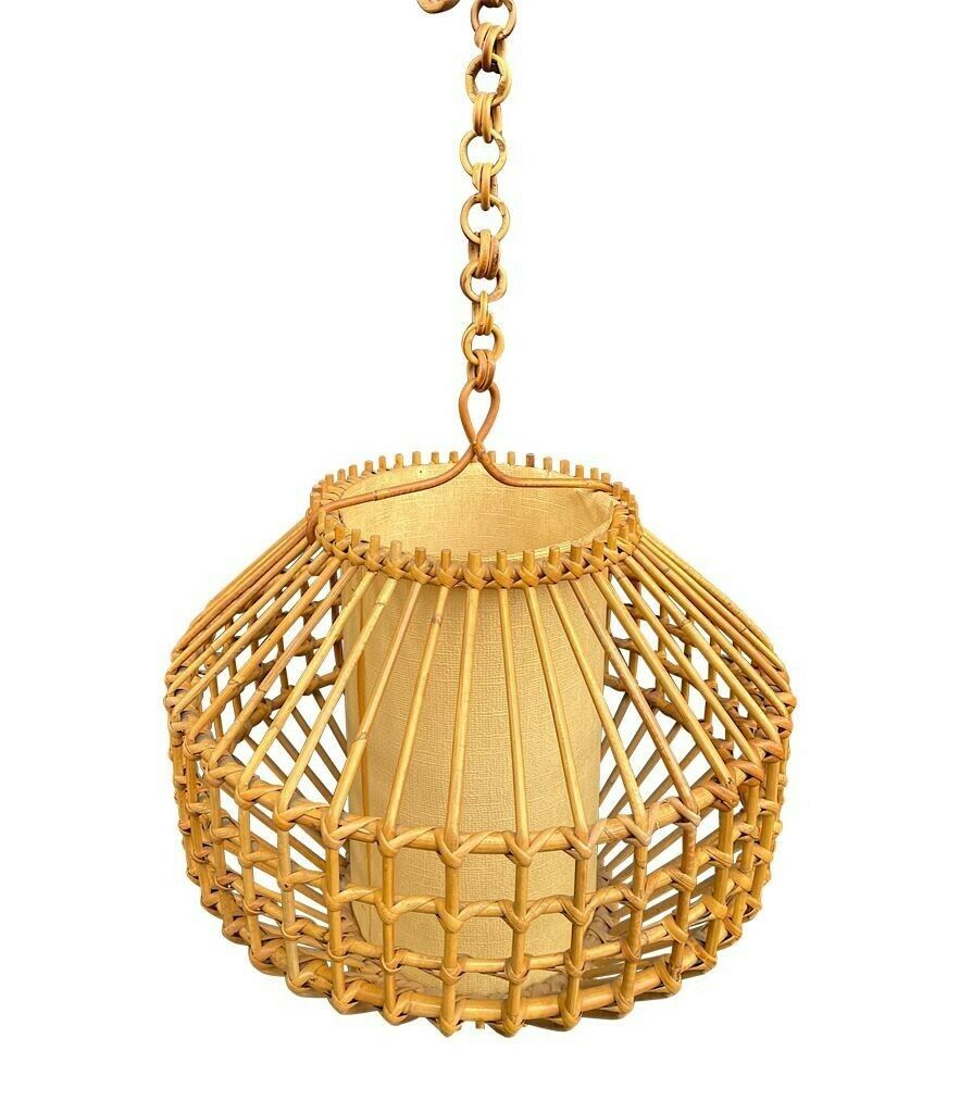 A French 1960s Woven Bamboo And Parchment Hanging Light By Louis Sognot photo for sale
