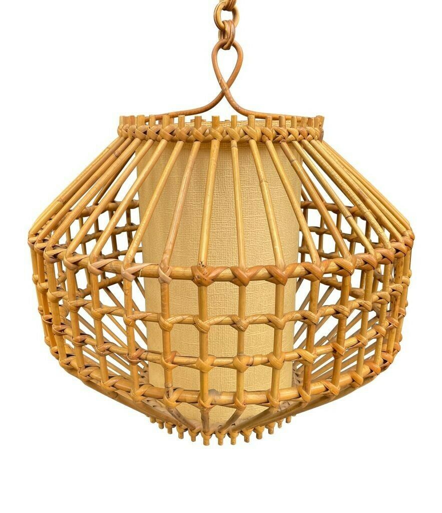A French 1960s Woven Bamboo And Parchment Hanging Light By Louis Sognot