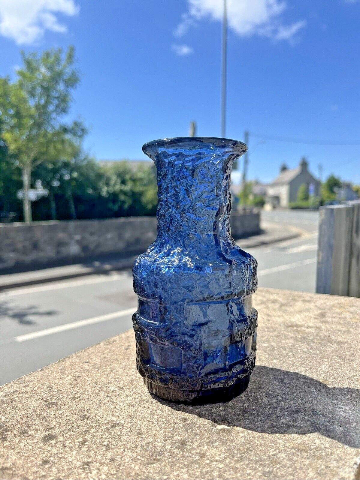 Mid Century Swedish Ruda Glasbruk Blue Textured 60's Glass Vase Scandi Retro 70s
