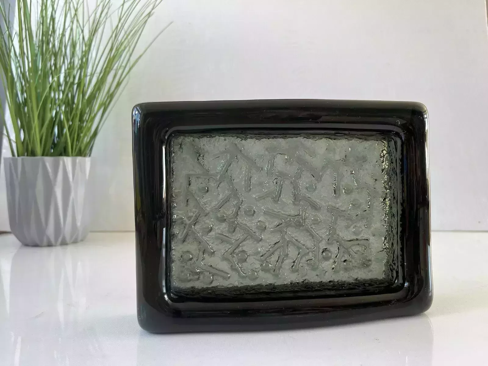 Mid Century Swedish Ruda Glasbruk Abstract Textured 60's Glass Slab Ashtray Dish
