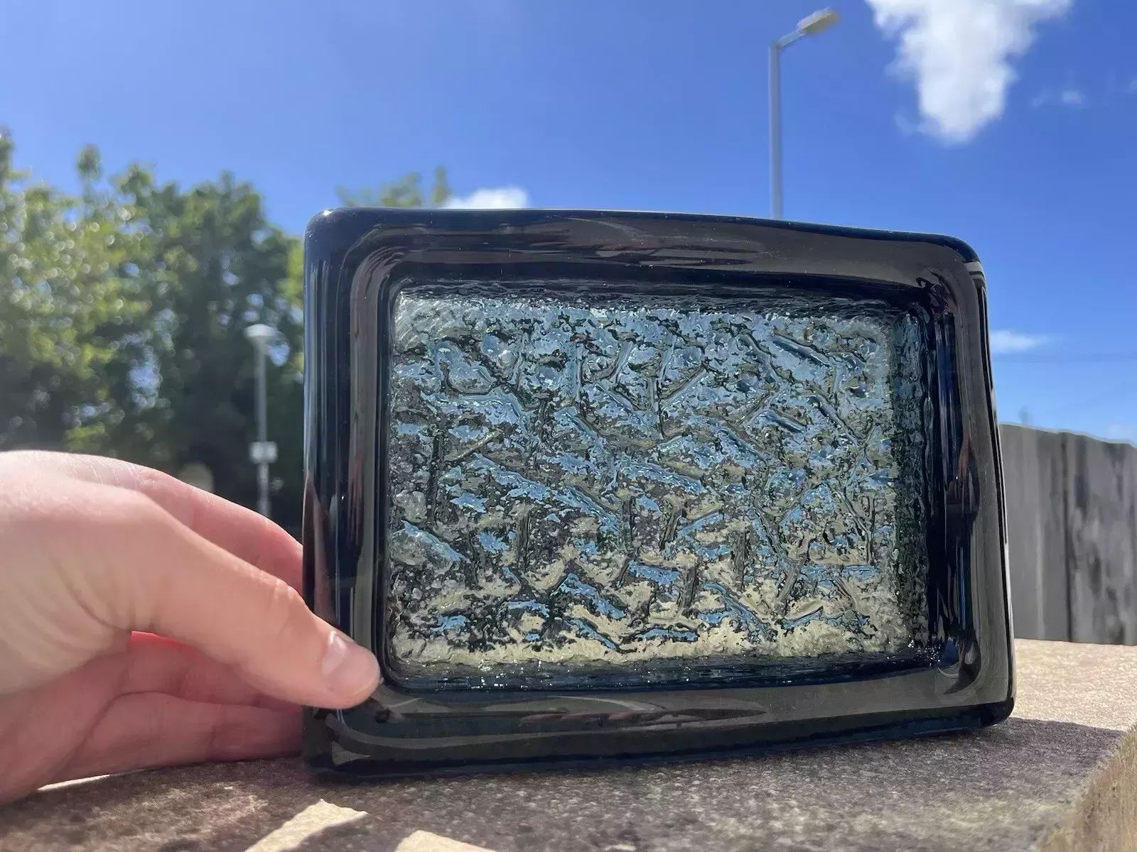 Mid Century Swedish Ruda Glasbruk Abstract Textured 60's Glass Slab Ashtray Dish photo vinterior