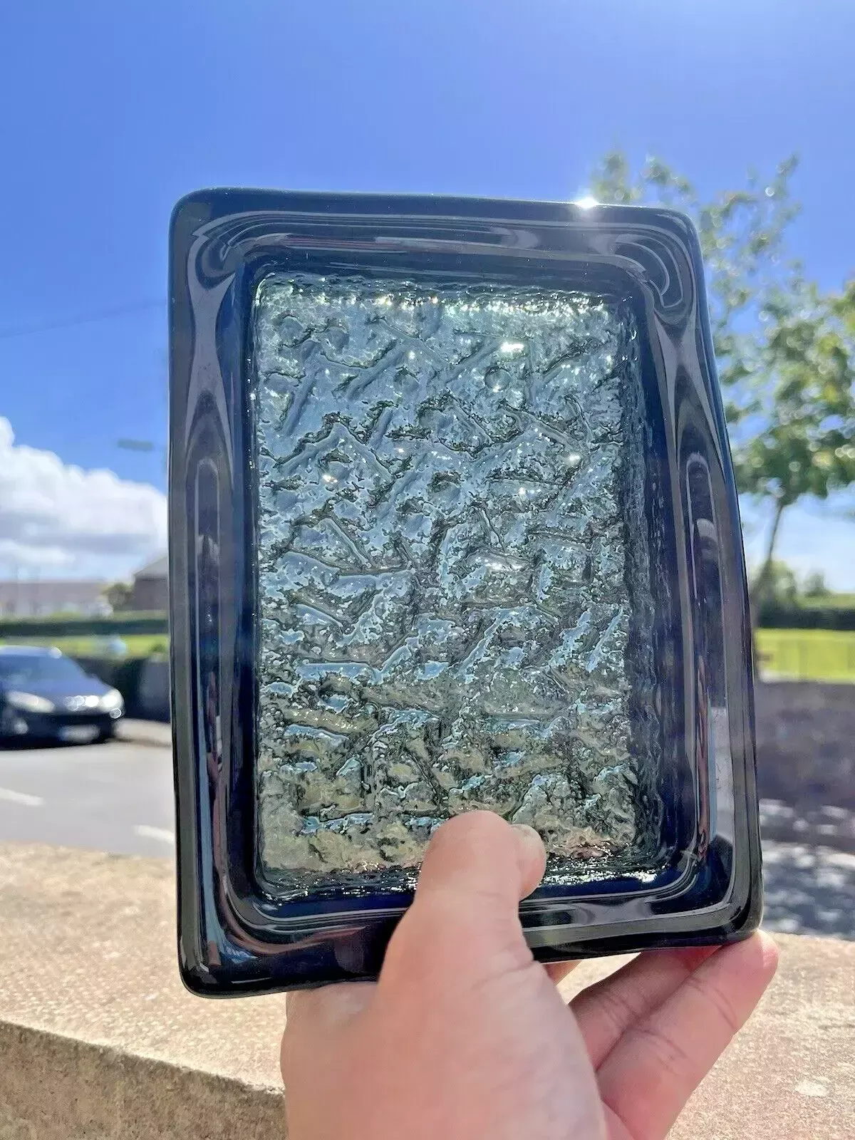 photo for sale Mid Century Swedish Ruda Glasbruk Abstract Textured 60's Glass Slab Ashtray Dish