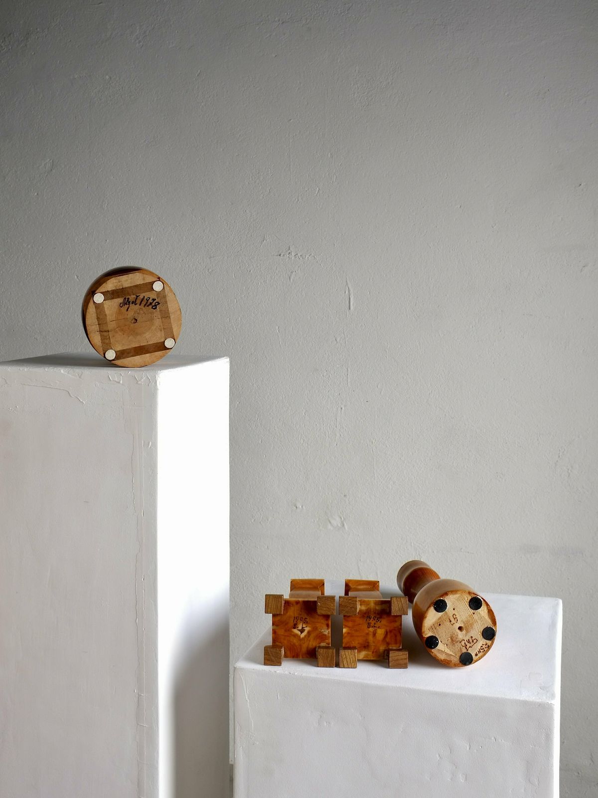 Carved Wooden Candle Holders And Bowl Set | Sweden | 1970s photo for sale