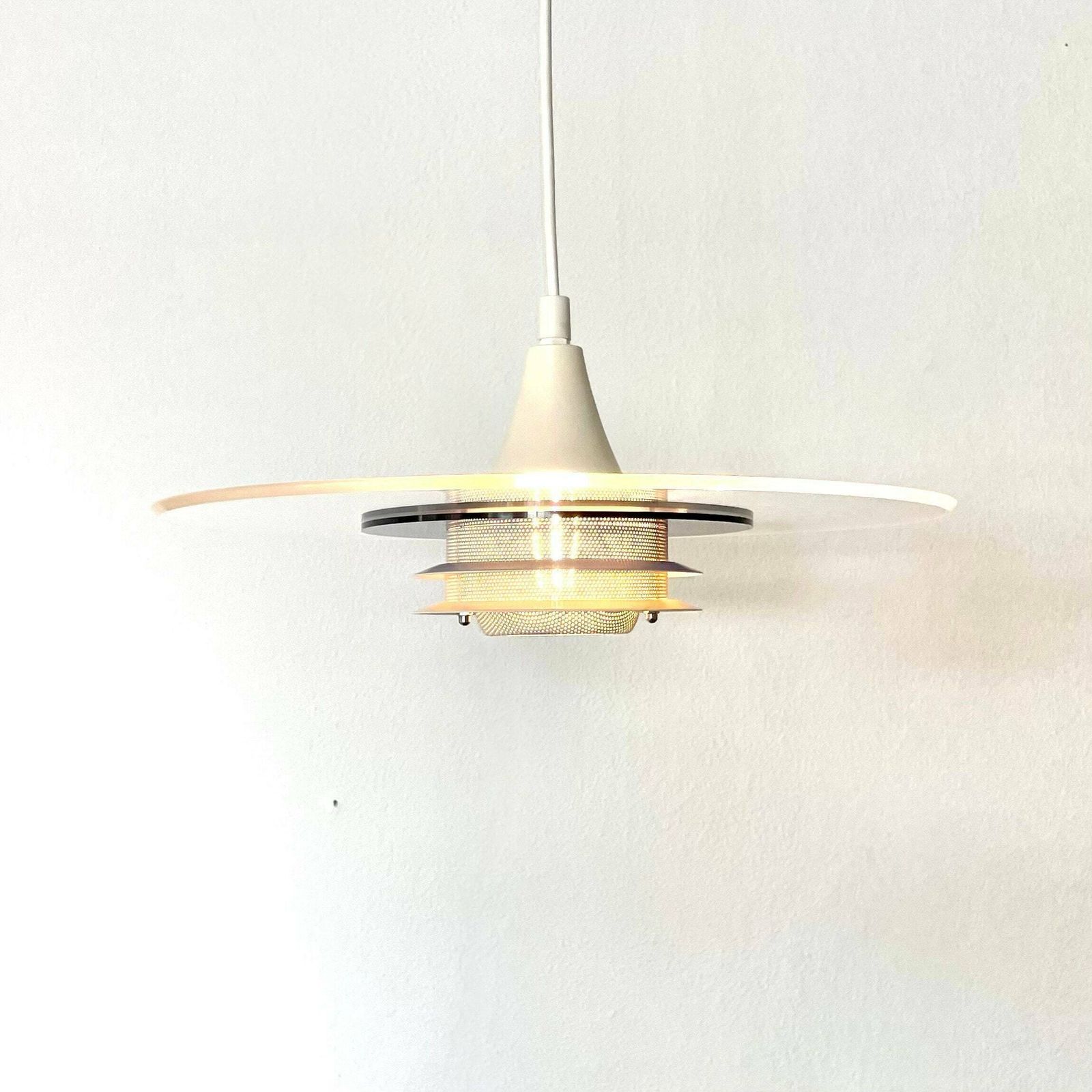 Danish Vintage Postmodern Minimalist Space Age Acrylic Multilayer Ceiling Lamp With Blue And White Details   Design By Design Light photo furniture